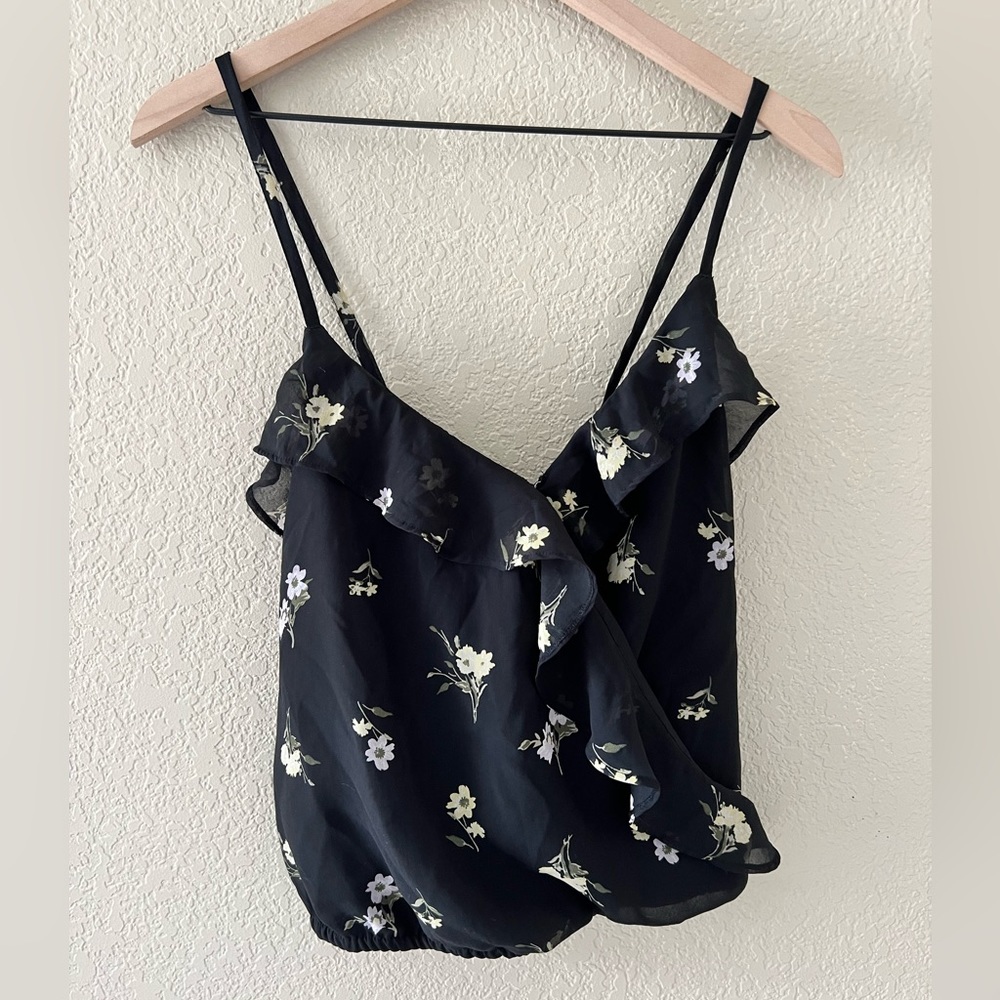 Hollister Cropped Black Floral Ruffle Top